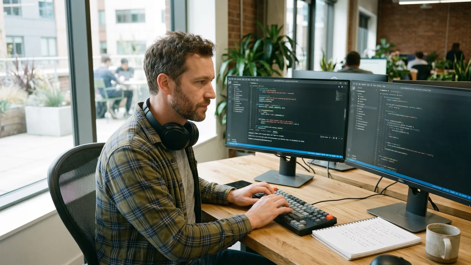 Software engineer working on an AI agent system in a focused workspace
