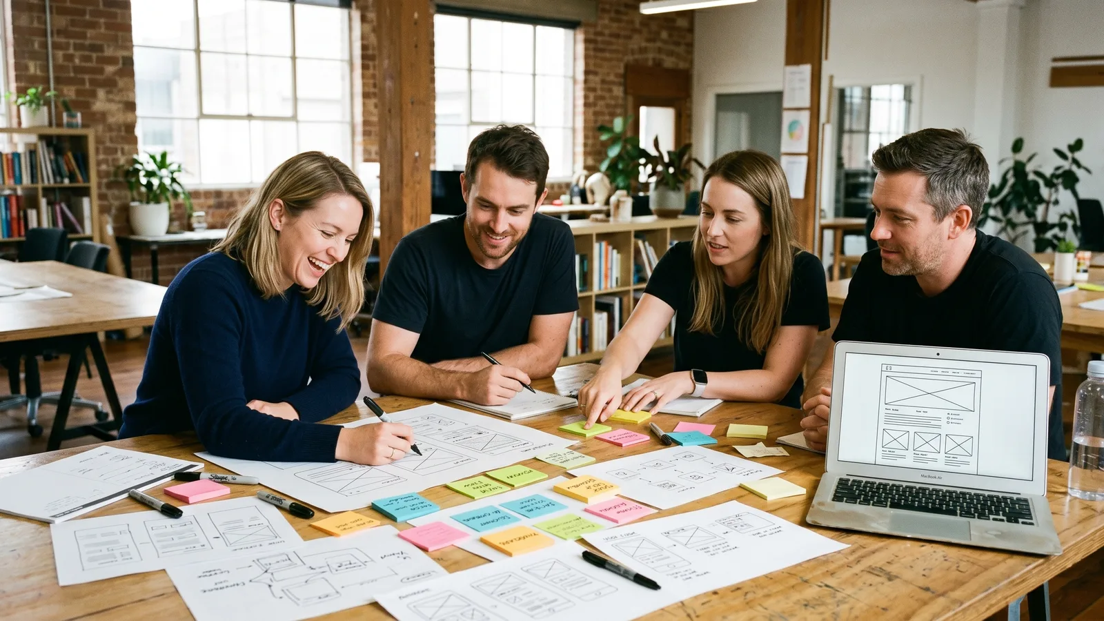 Product team reviewing AI feature designs on a large screen during a working session
